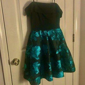 Black & Teal Floral Off-Shoulder Homecoming Dress.
